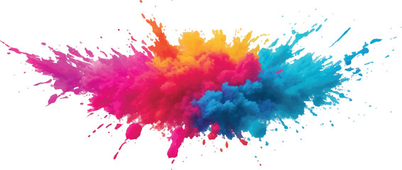 A Powerful and Vibrant Multicolor Powder Explosion, Forming a Magnificent Cloud of Bright, Radiant Colors and Dust That Fills the White Background in a Captivating Display of Dynamic Motion.
