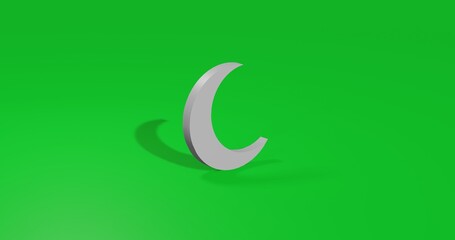 Isolated realistic white moon symbol front view with shadow. 3d illustration on green chroma key background
