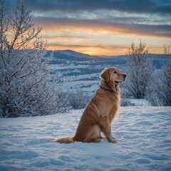 A beautiful golden retriever sitting peacefully in a snowy blue landscape.