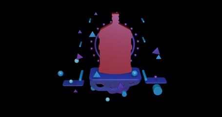 Red a large bottle of water symbol on a pedestal of abstract geometric shapes floating in the air. Abstract concept art with flying shapes in the center. 3d illustration on black background