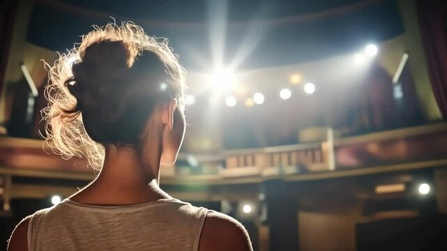 A female figure gazes at the empty seats of a theater. The focused lights above illuminate the stage, evoking emotions related to performance and anticipation. AI