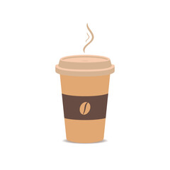 A clean, minimalist illustration of a to-go coffee cup with a beige lid and a brown sleeve featuring a coffee bean logo. Steam rises from the cup, making it ideal for coffee-related branding or design