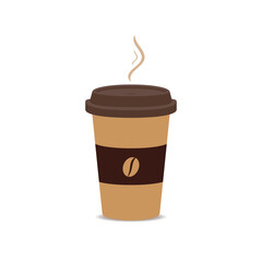 A simple illustration of a hot coffee cup with a brown lid and a matching sleeve featuring a coffee bean logo. Steam rises from the cup, making it perfect for cafe or coffee-related designs.