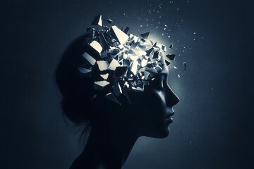 Shattering illusions abstract portrait of a woman with fractured mind in dark environment