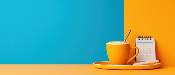 vibrant flat lay featuring yellow coffee cup, calendar, and pen against blue and orange background, perfect for planning and inspiration