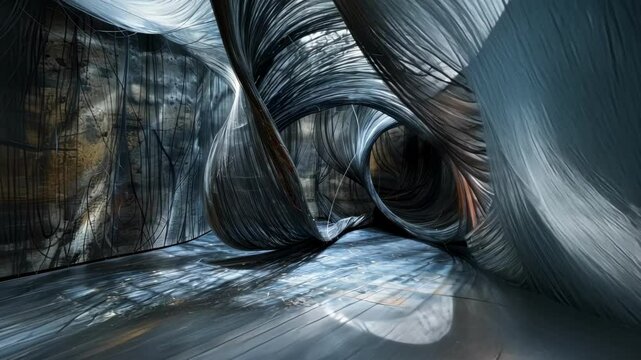 A room engulfed in swirling twirling strings in varying shades and textures representing the infinite possibilities and complexities associated with superstring theory.