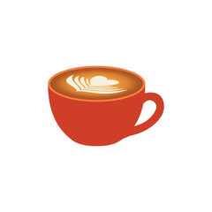 A vibrant red coffee cup with latte art, showcasing a heart design. Perfect for café branding, coffee-related graphics, or menu illustrations.