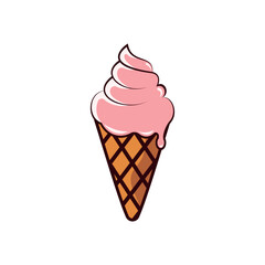 A vibrant illustration of a pink ice cream swirl atop a chocolate waffle cone. Perfect for food-related graphics, summer themes, and promotional materials.