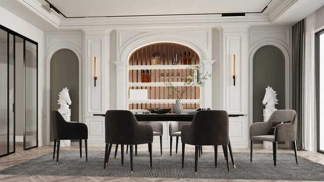 3d Render of a classical - modern dinning room with white walls, table and chairs.