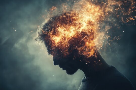 Man feeling mental health problems symbolized by burning head