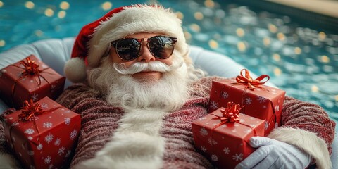 Santa Claus relaxing by the pool with gifts