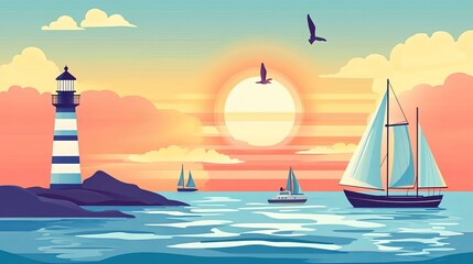 Naklejka premium Serene seascape in a horizontal flat style background. Summery banner featuring ships, a lighthouse, and a boat. Vivid vector illustration with a maritime theme.