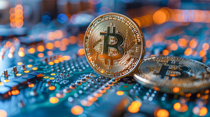 Bitcoin cryptocurrency standing on electronic circuit board with bokeh lights