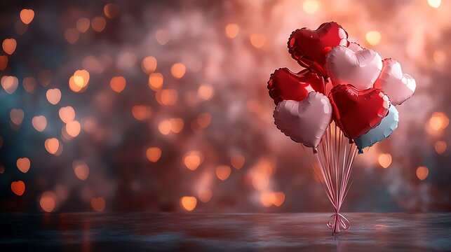 Floating heart-shaped balloons in vibrant red and soft pink hues tied to a smooth tabletop, glowing softly blurred heart bokeh lights in pastel shades behind, romantic warm lighting,