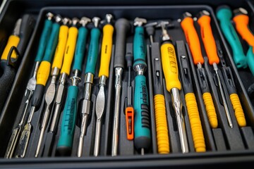 Exploring a collection of screwdrivers in a neat tool organizer workshop environment close-up view emphasizing quality and versatility