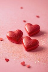 Fototapeta premium Three red hearts on pink surface