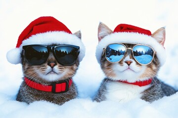 Cats in festive winter attire, playing in the snow