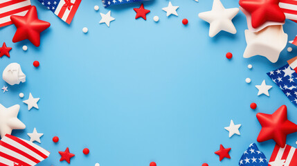 Obraz premium Colorful decorations for festive celebration with red, white, and blue stars, stripes, and shapes on blue background