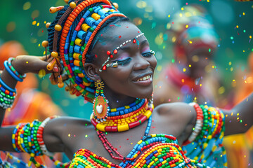 Yoruba woman dancing with colorful beads and makeup during carnival celebration