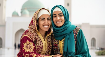 Smiling middle eastern women in traditional clothing at mosque with domes