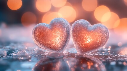 Fototapeta premium Heart-shaped frost ornaments resting gently on a smooth glass tabletop, delicate frost trails spreading across the surface, softly blurred cold pink and icy white lights in the background,