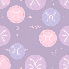 Pastel Pisces Zodiac Seamless Pattern: A whimsical and enchanting pastel purple background adorned with a seamless pattern of Pisces zodiac symbols, stars, and delicate details.