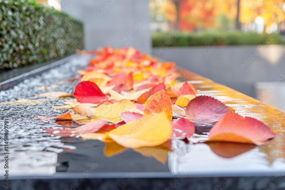 Poster The image captures vibrant autumn leaves floating on a reflective water surface, offering a beautiful representation of transition and reflection in nature.
