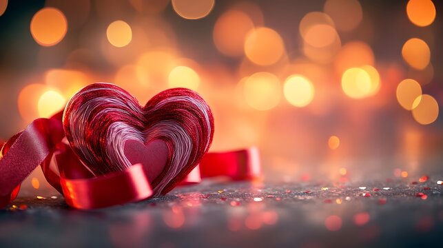 Intertwined red and pink ribbon hearts elegantly placed on a minimalist table, subtle warm lighting enhancing the romantic theme, soft-focus pink heart-shaped bokeh in the background, hd details, - Powered by Adobe
