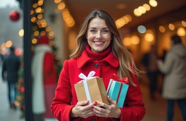 A woman in a red coat with a snow-white smile near the store holds Christmas gifts for a happy new year.