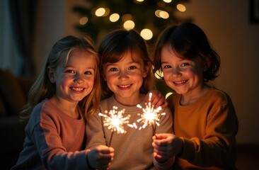 Children hold sparklers Bengal fire in their hands against the background of a burning fireplace in the Christmas atmosphere of a cozy house decorated for the new year.