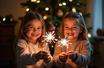 Children hold sparklers Bengal fire in their hands against the background of a burning fireplace in the Christmas atmosphere of a cozy house decorated for the new year.