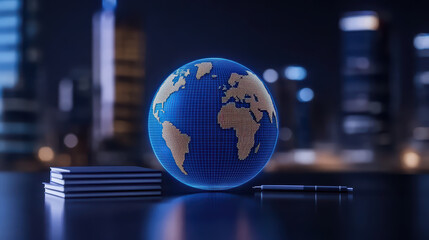 glowing globe on desk with notebooks and pen, symbolizing global connectivity and knowledge