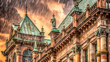 Fototapeta premium close up view of weathered architectural building under rain, showcasing intricate details and statues against dramatic sky. scene evokes sense of history and grandeur