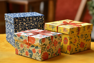 Obraz premium Gift box presentation home decorative gift boxes yellow background close-up aofthanit concept