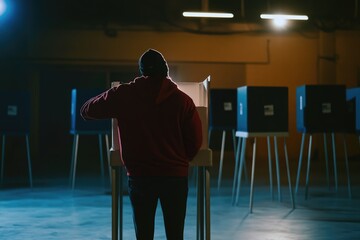 A man in a red hoodie stands in front of a row of voting booths, emphasizing the importance of civic duty and democratic participation