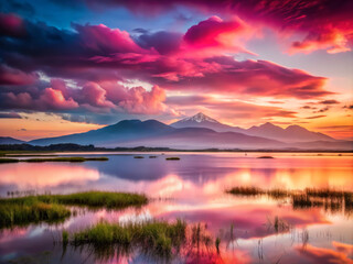 Fototapeta premium Breathtaking sunset over tranquil lake, with vibrant pink and purple clouds reflecting on water. Distant mountains create serene backdrop, enhancing natural beauty