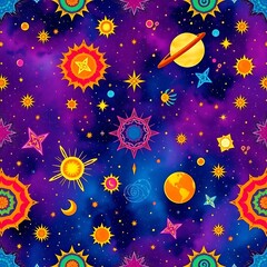 Naklejka premium Cosmic Dreamscape: Vibrant stars, planets, and celestial patterns swirl in a psychedelic galaxy, creating a whimsical and mesmerizing backdrop for your creative projects. 