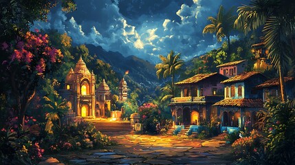 Fototapeta premium Illuminated Temple and Houses in a Tropical Night Setting