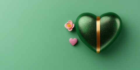 A vibrant green heart adorned with a shimmering gold strip, complemented by a delicate pink flower, embodies love's beauty and celebration this Valentine's Day.