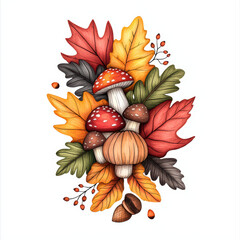 Colorful mushrooms and autumn leaves create vibrant, nature inspired . warm tones evoke cozy, seasonal feel