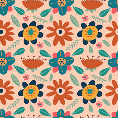 Floral seamless pattern. Folk boho flowers on a beige background. Vector illustration for background, wrapping paper, fabric, bed linen, wallpaper