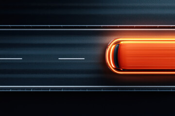 top view of glowing orange car driving on dark highway at night, showcasing motion and speed