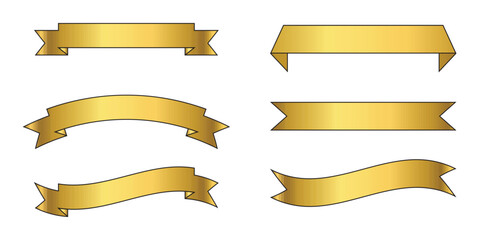 Set of six gold banners in various shapes and styles. Perfect for design projects, awards, or labels, these shiny gold ribbons offer a range of decorative options for certificates, logos, or branding.