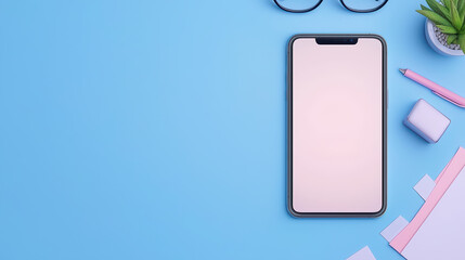 modern smartphone on blue desk with stationery and glasses, creating calm workspace