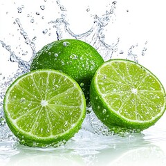A photostock of a fresh green lime cut into slices with splashes of water mid-motion, isolated on a clean white background, crisp and refreshing, High Quality