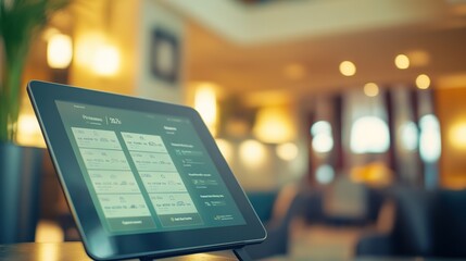 Close-up of digital tablet showing hotel booking interface with various room prices and options, focusing on different pricing tiers for hotel accommodations.