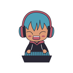 Cheerful Cute Gamer Boy Kid Character Wearing Headset Enjoying Playing Game with Laptop