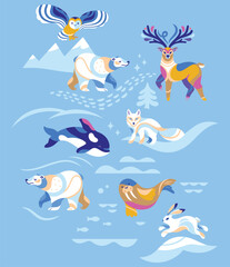 Set of snowy animals isolated on blue background. Vector illustration