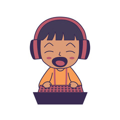 Cheerful Cute Gamer Boy Kid Character Wearing Headset Enjoying Playing Game with Laptop