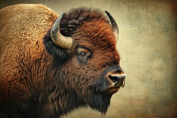 Fototapeta premium This image captures the side profile of a bison against a rustic, textured background, emphasizing its strength and the rugged texture of its fur and formidable horns.